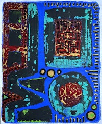 an abstract painting with blue, green, and red colors