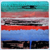 an abstract painting with red, blue, and green stripes