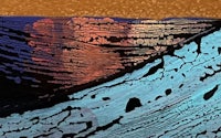 a painting of a wave with blue and orange colors