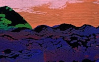 a painting of a mountain at sunset