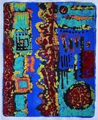 an abstract painting with red, blue, and yellow colors