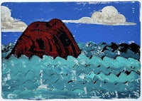 a painting of a red rock in the ocean