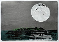 a black and white painting of a moon over an island