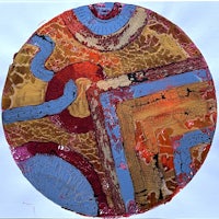 a circular painting with red, blue, and brown colors