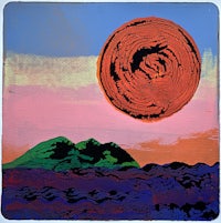 a painting of a red sun with mountains in the background