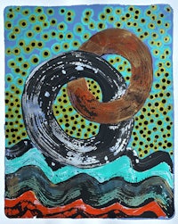 a painting of two rings on a blue background