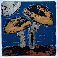 a painting of two mushrooms on a blue background