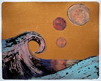 a painting of a wave with a red, orange, and blue circle