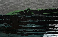 a black and white drawing of a mountain in the ocean