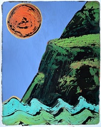 a painting of a cliff with waves and a sun
