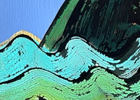 a painting of a green and blue wave with a mountain in the background
