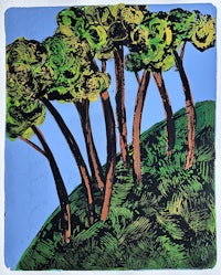 a painting of trees on a hill