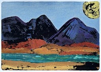a painting of mountains and a moon