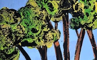 a painting of trees with green and blue colors