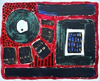 an abstract painting with red, blue, and black colors