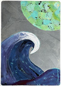 a painting of a wave with a planet in the background