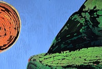 a painting of a lizard with a sun in the background