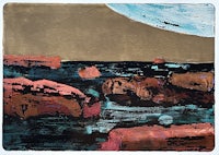 a painting of rocks and water with a moon in the background